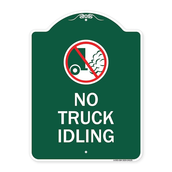 Driveway Sign No Truck Idling W/ Graphic, Green & White Aluminum Sign, 18" x 24", GW-1824-24125